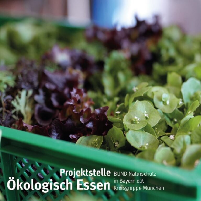 Kiste mit Salatköpfen, Schriftzug "Projektstelle Ökologisch Essen - BUND Naturschutz in Bayern e.V., Kreisgruppe München"