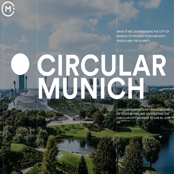 Luftbild von München im Hintergrund, Logo von Circular Munich im Vordergrund.