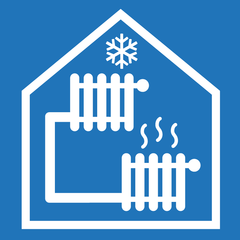 Icon eines Hauses mit zwei Heizungen die miteinander verbunden sind